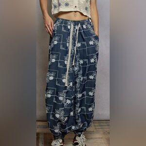 POL Bohemian Floral Embroidery Jogger Style Pants with Elastic Waist Drawsteing